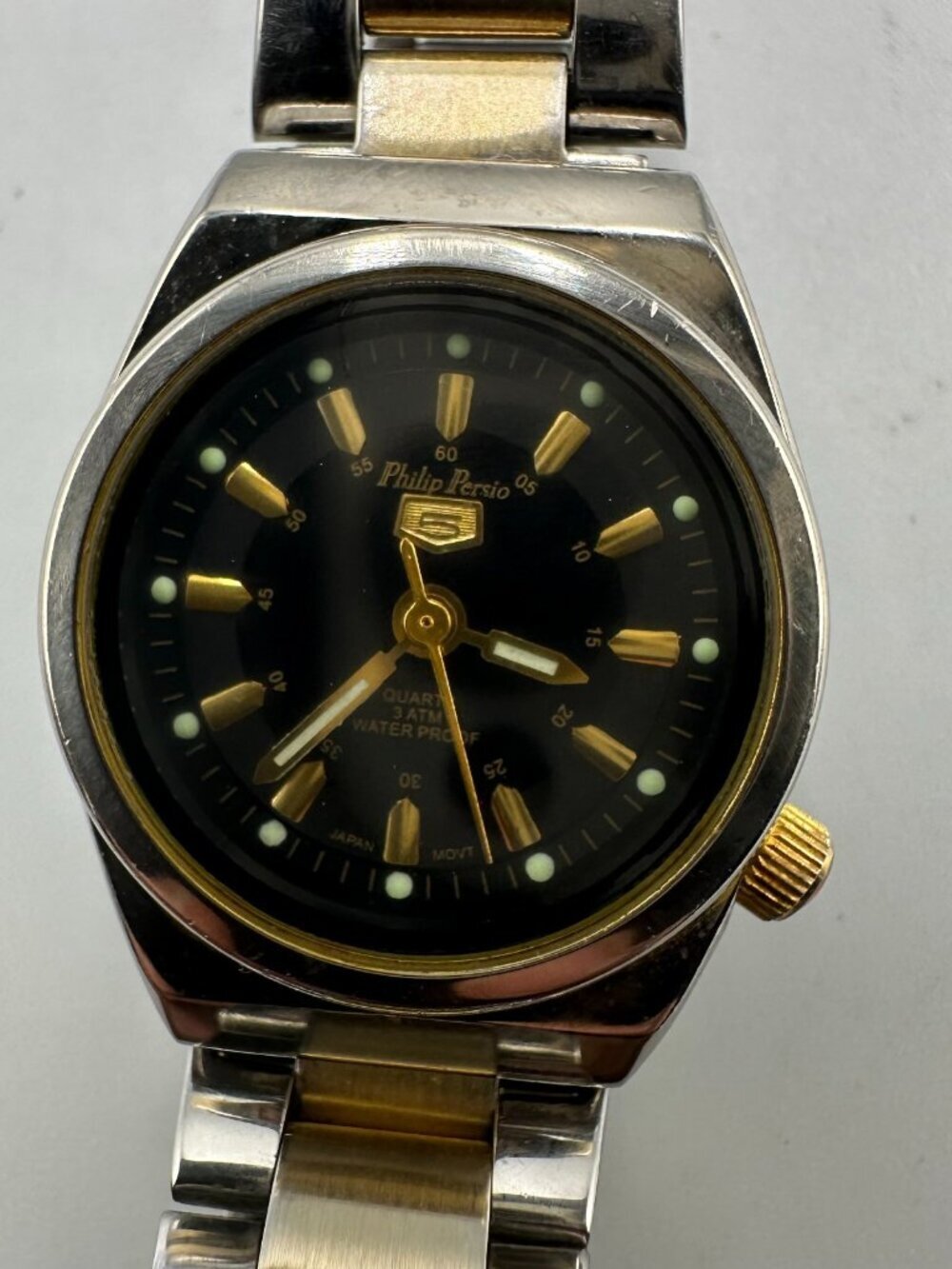 Philip Persio Watch Women Silver Gold Two Tone Black Dial 24MM New Battery 6.5"